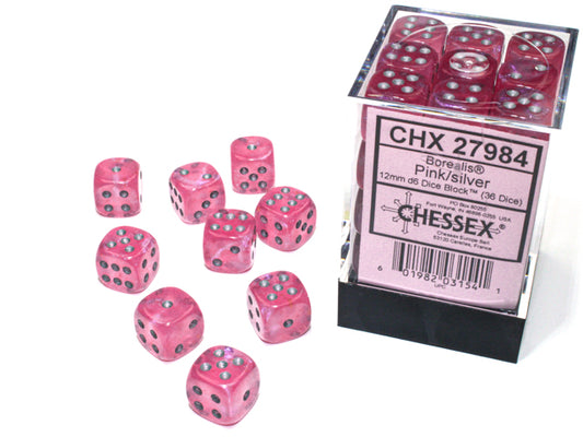 Chessex: Borealis 12mm D6 Pink/Silver Luminary (x36)