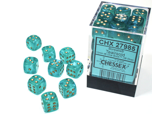 Chessex: Borealis 12mm D6 Teal/Gold Luminary (x36)