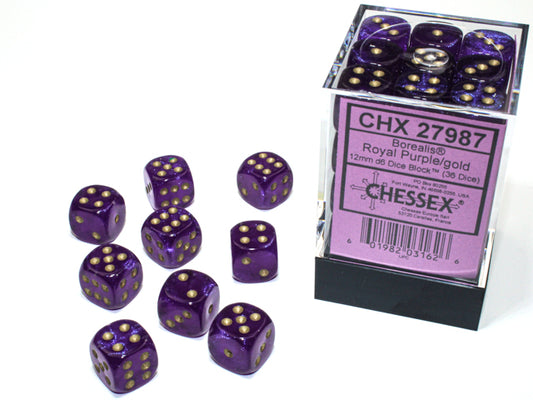Chessex: Borealis 12mm D6 Royal Purple/Gold Luminary (x36)