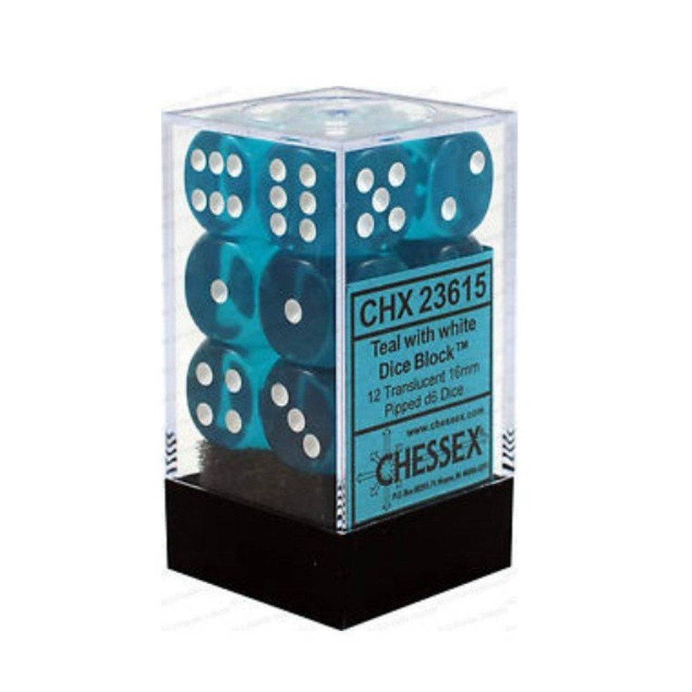 Chessex: Translucent 16mm D6 Teal/White (x12)