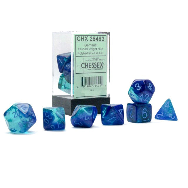 Chessex: Gemini Polyhedral Blue-Blue/Light Blue Luminary 7-Die Set