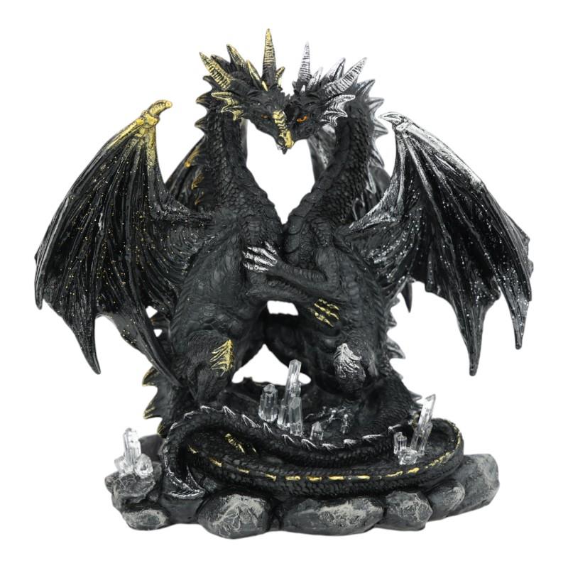 Twin Black Lover Dragons on Crystal Rock 20cm