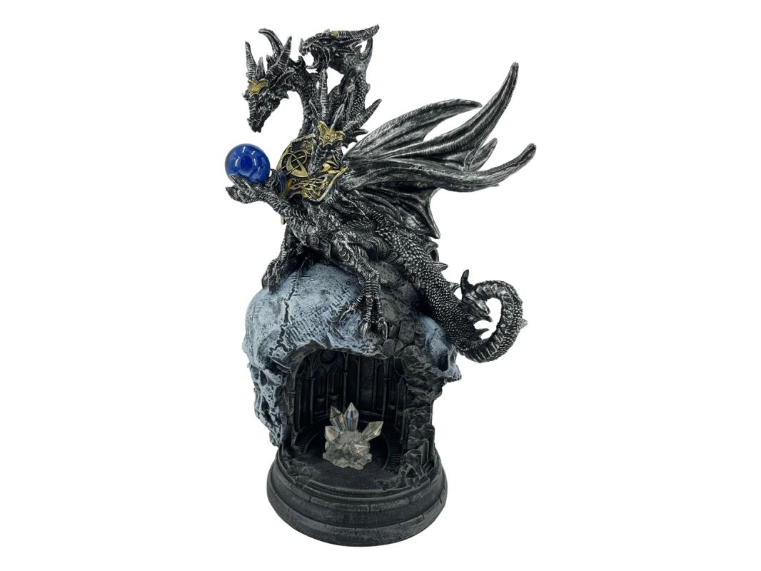 Black & Silver 3 Headed Hydra Dragon on Skull Lair 26cm