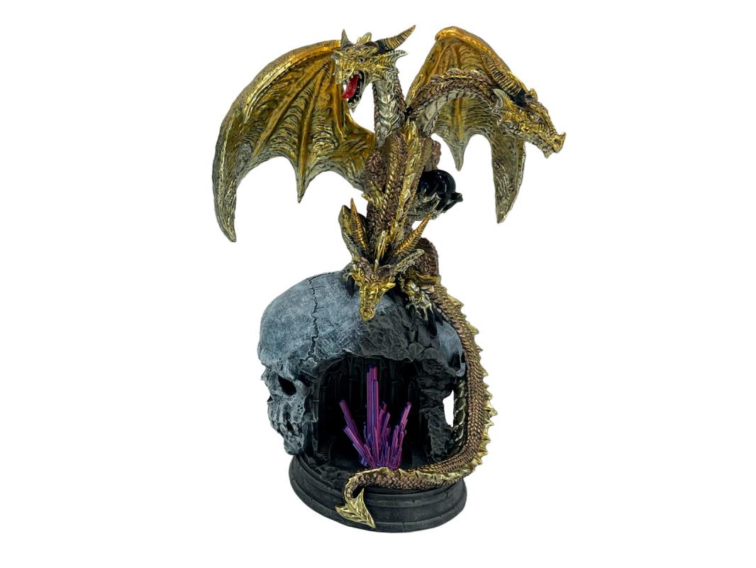 3 Headed Hydra Dragon on Skull Cave with Crystals 35cm