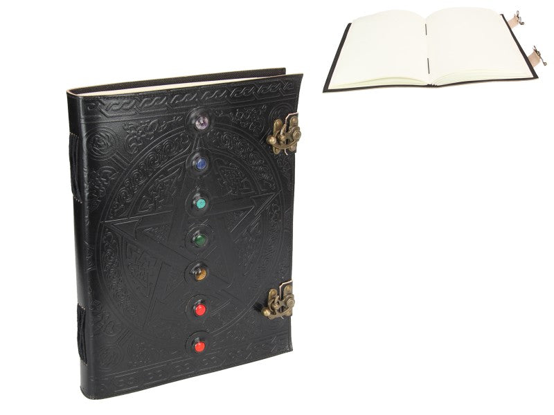 Black Leather Journal/Spell Book with 7 Chakra Gems & Pentagram Design 33cm