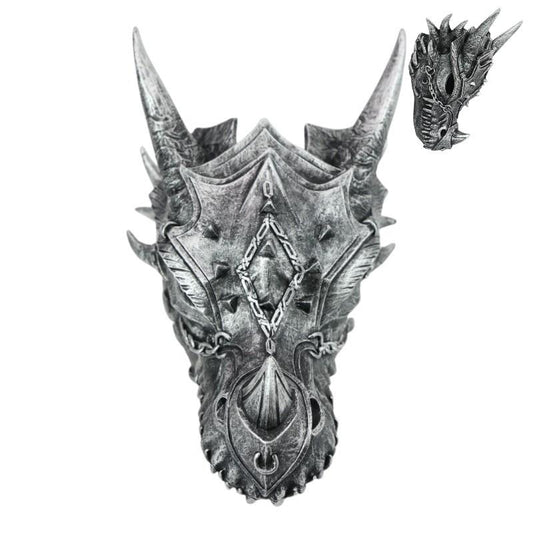 Antique Silver Armoured Dragon Skull 21cm