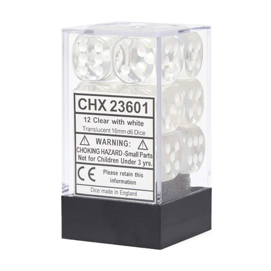 Chessex: Translucent 16mm D6 Clear/White (x12)