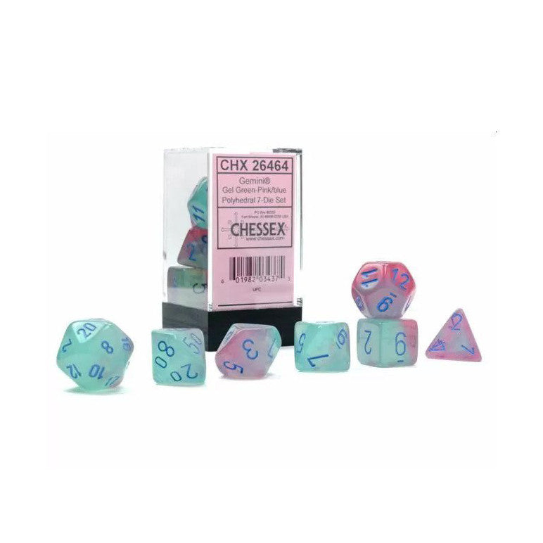 Chessex: Gemini Polyhedral Gel Green-Pink/Blue Luminary 7-Die Set