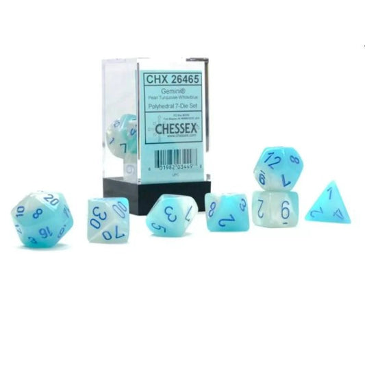 Chessex: Gemini Polyhedral Pearl Turquoise-White/Blue Luminary 7-Die Set