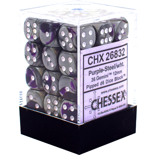 Chessex: Gemini 12mm D6 Purple-Steel/White (x36)