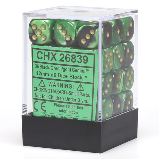 Chessex: Gemini 12mm D6 Black-Green/Gold (x36)