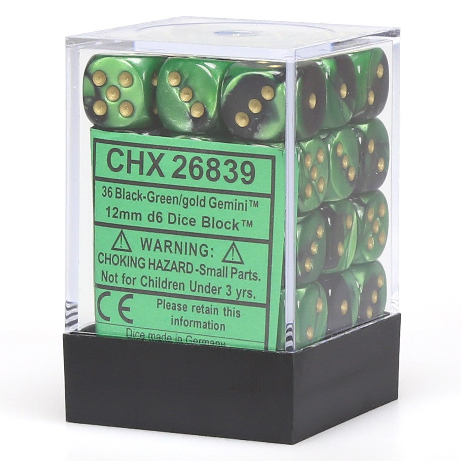 Chessex: Gemini 12mm D6 Black-Green/Gold (x36)