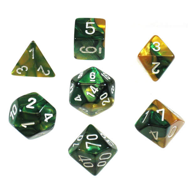 Chessex: Gemini Polyhedral Gold-Green/White 7-Die Set