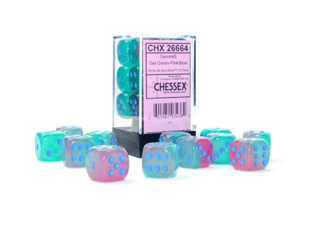 Chessex: Gemini 16mm D6 Gel Green-Pink/Blue Luminary (x12)