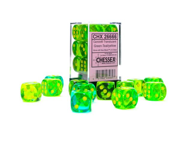 Chessex: Gemini 16mm D6 Translucent Green-Teal/Yellow (x12)