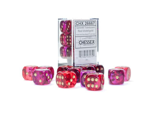 Chessex: Gemini 16mm D6 Translucent Red-Violet/Gold (x12)