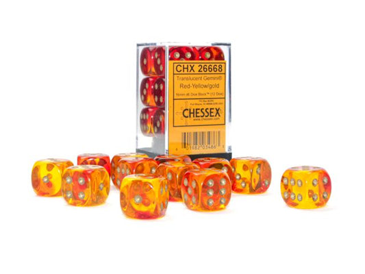 Chessex: Gemini 16mm D6 Translucent Red-Yellow/Gold (x12)
