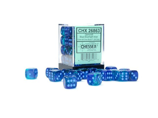 Chessex: Gemini 12mm D6 Blue-Blue/Light Blue Luminary (x36)