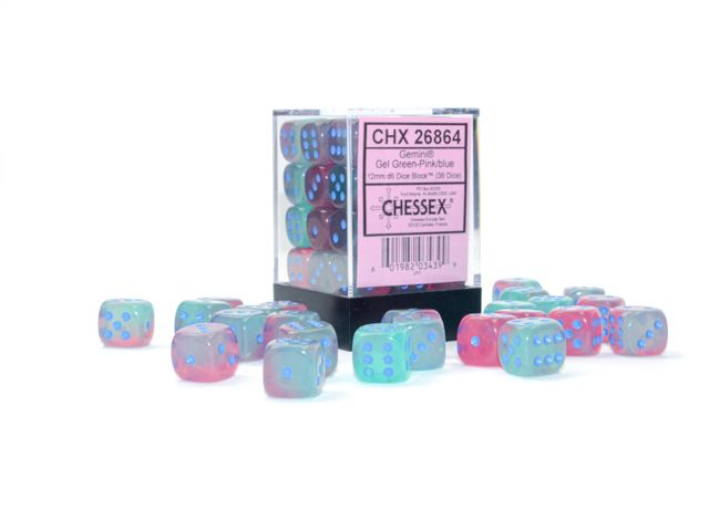 Chessex: Gemini 12mm D6 Gel Green-Pink/Blue Luminary (x36)