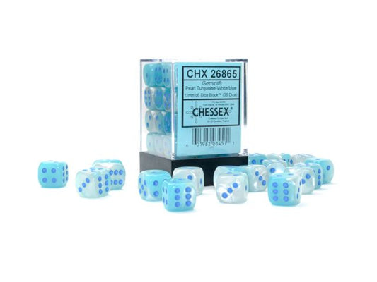 Chessex: Gemini 12mm D6 Pearl Turquoise-White/Blue Luminary (x36)