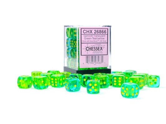 Chessex: Gemini 12mm D6 Translucent Green-Teal/Yellow (x36)