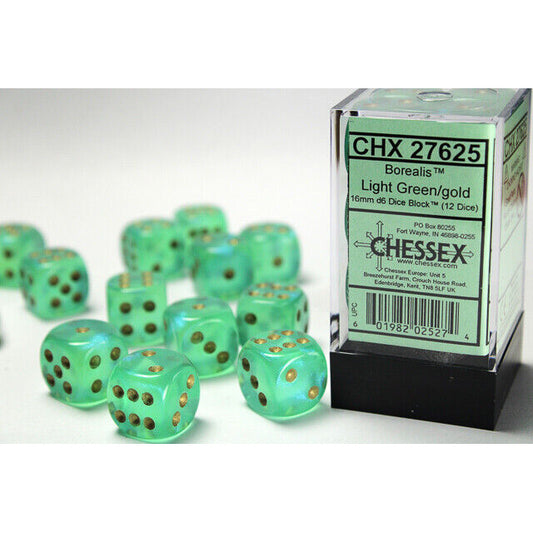 Chessex: Borealis 16mm D6 Light Green/Gold (x12)
