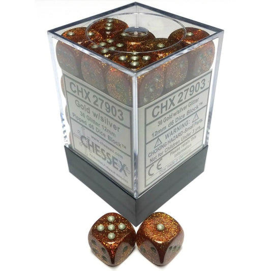 Chessex: Glitter 12mm D6 Gold/Silver (x36)